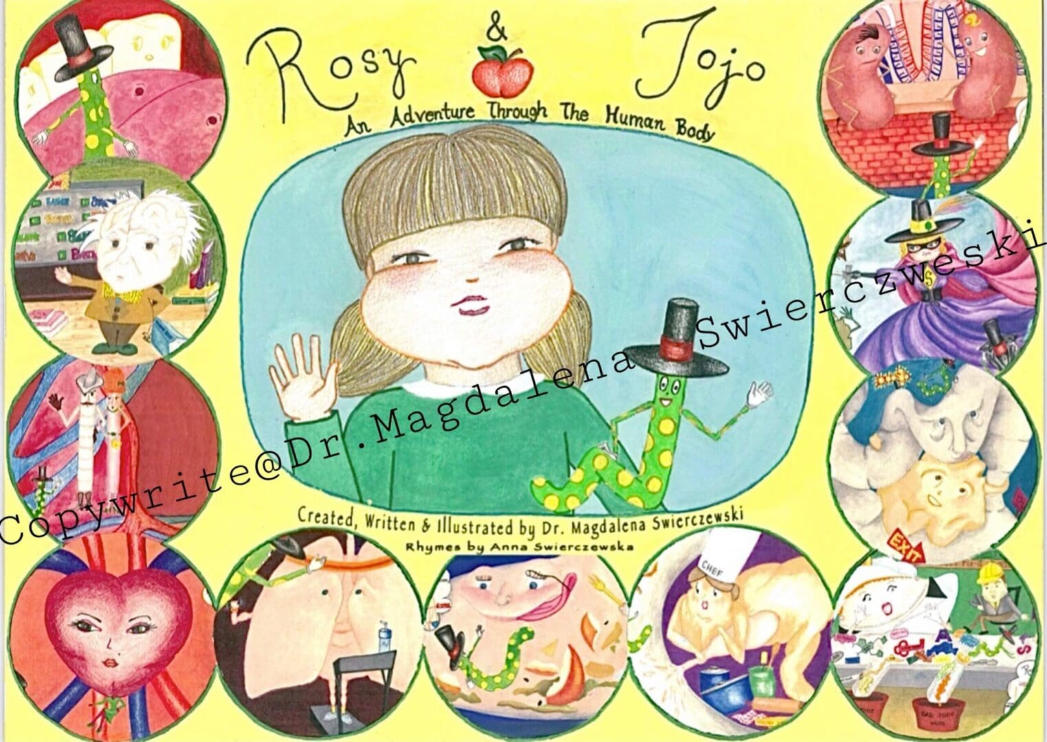 A picture book cover with pictures of a girl and various people.