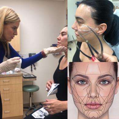 A woman is getting her face drawn in the process of being cosmetologically tested.