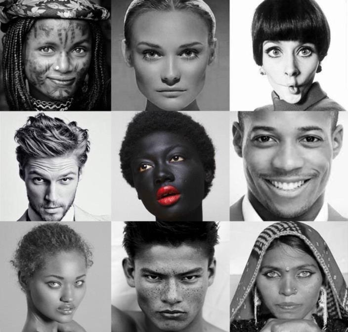 black and white collage of models with one wearing red lipstick